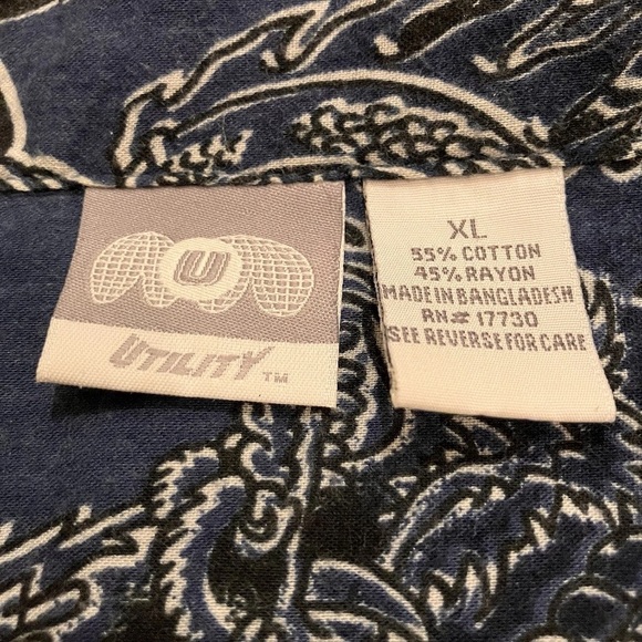 Y2K Utility Dragon Button Up Shirt XL Blue Cotton Rayon Asian Graphic - Picture 5 of 7